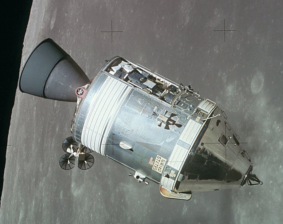 The Apollo 15 Service Module as viewed from the Apollo Lunar Module.
