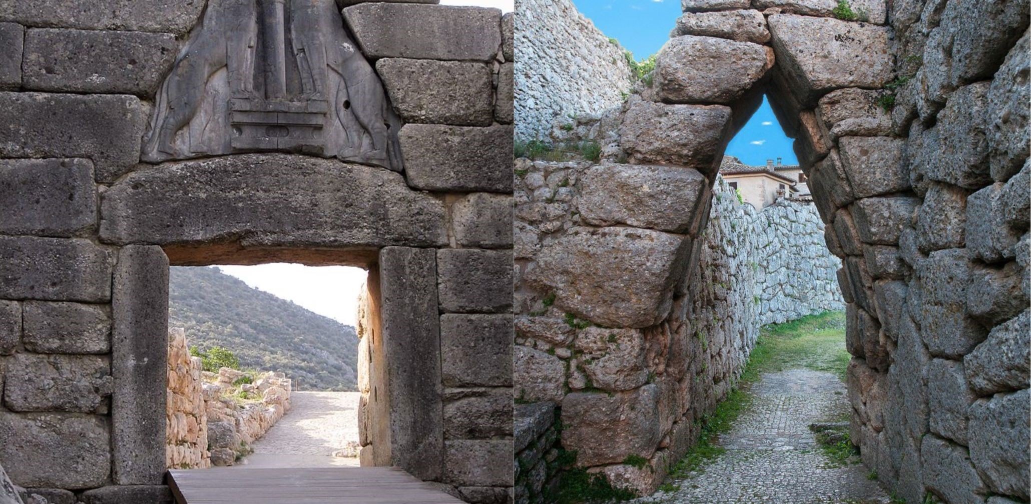 cyclopean walls in italy and mycenaen lion gate, Greece
