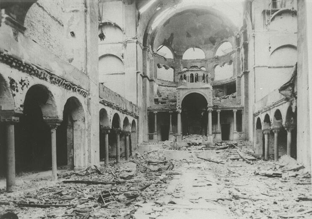Interior view of the destroyed Fasanenstrasse Synagogue, Berlin, burned on Kristallnacht