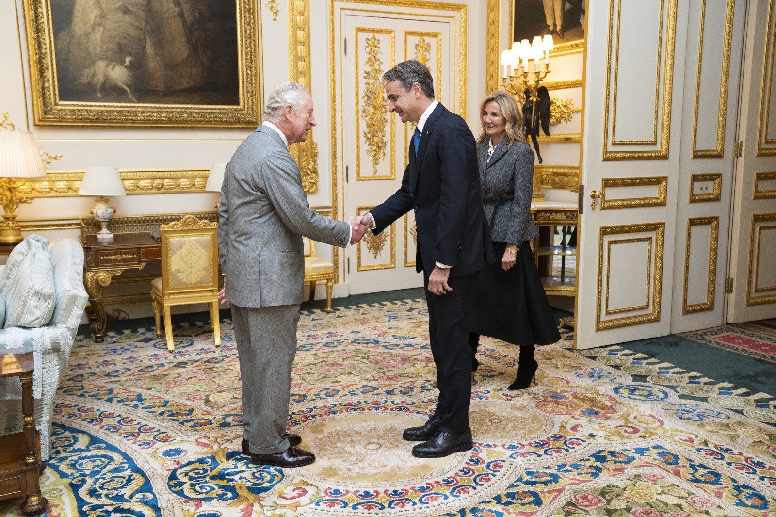 King Charles III greeting Greek Prime Minister Kyriakos Mitsotakis at Windsor Castle