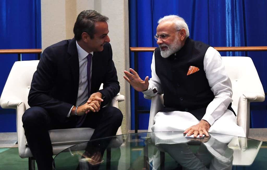 PM of India Narendra Modi with PM of Greece Kyriakos Mitsotakis. Image Credits: Narendra Modi via Twitter.