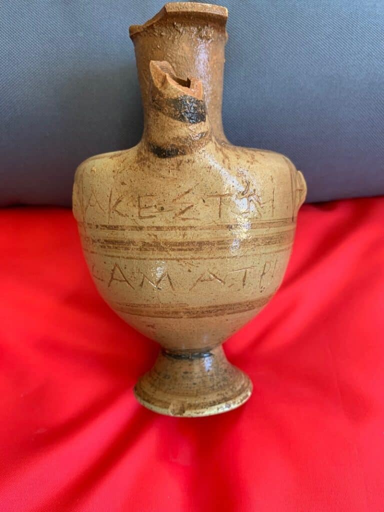 Inscribed hydria vase bearing the name of the goddess Demeter, discovered at ancient Phalasarna.