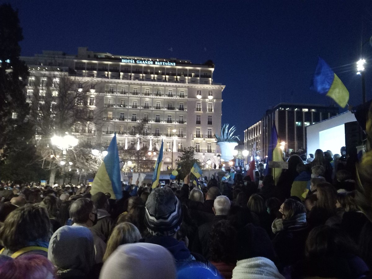 Protest in Syntagma Square, Athens, Greece against the Russian invasion of Ukraine.