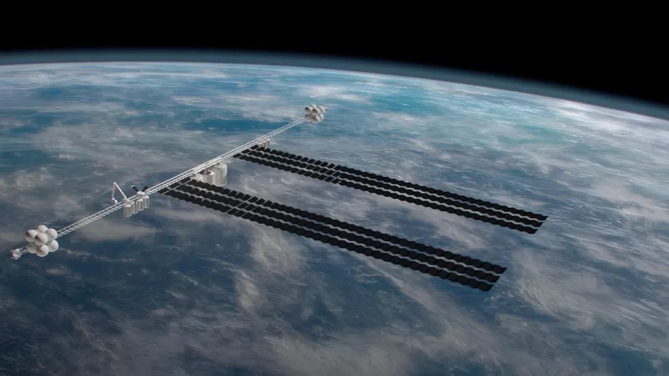 Satellites with solar panels in Space