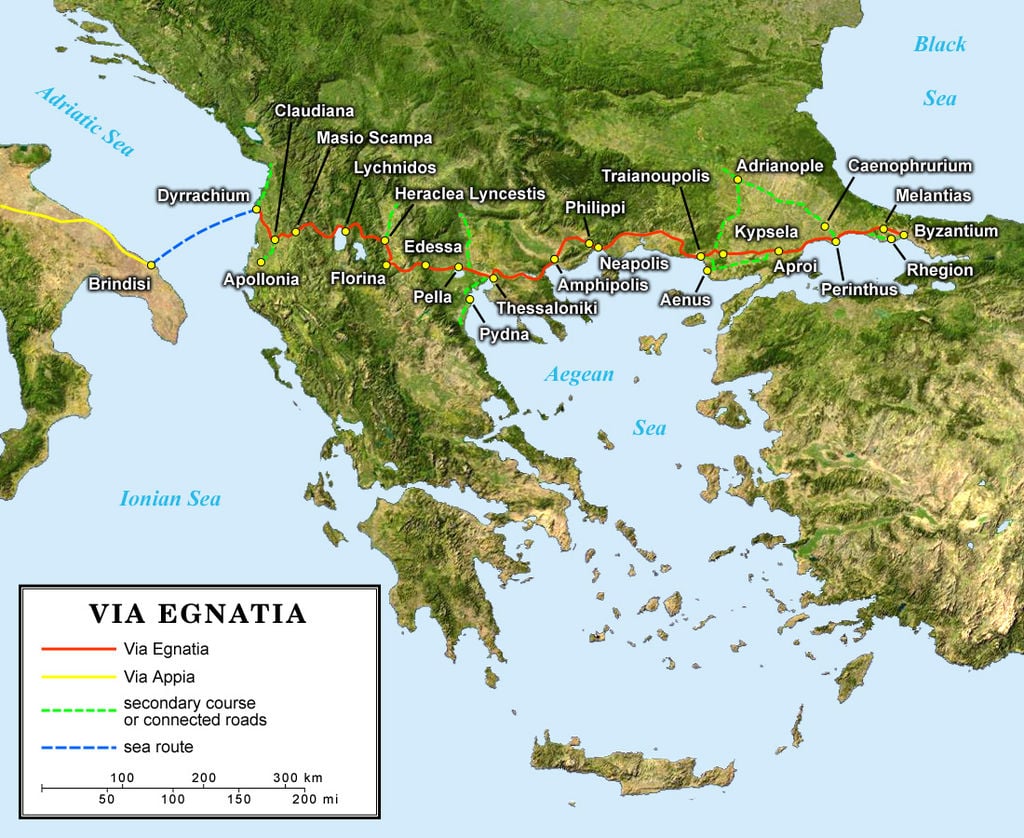 map of the ancient Roman road, Via Egnatia, which started from the Adriatic coast, stretched along northern Greece, until Byzantium