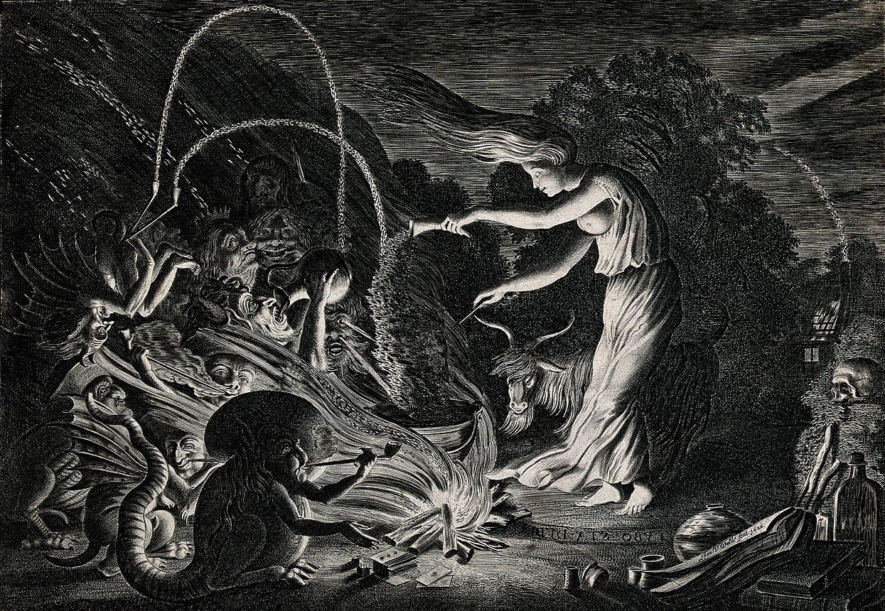 a drawing of a witch surrounded by beasts