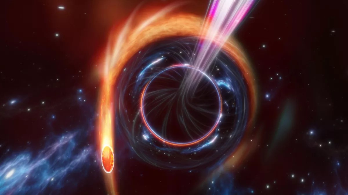 Artistic depiction of a black hole blasting out a jet of remains as it eats a star