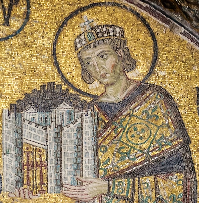 Emperor Constantine I, presenting a model of the Constantinople basilica Hagia Sophia to the Blessed Virgin Mary. Detail of the southwestern entrance mosaic in Hagia Sophia 