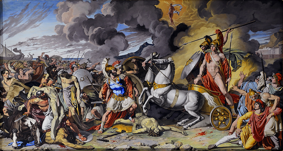 "Achilles in his chariot rides over the body of the slain Hector" by Antonio Raffaele Calliano, 1815. A scene from the Iliad