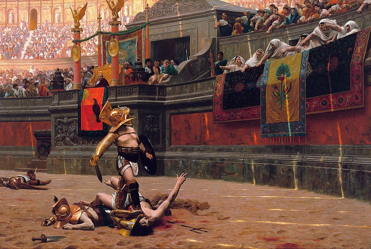 Painting of Roman Gladiators fighting in an arena 