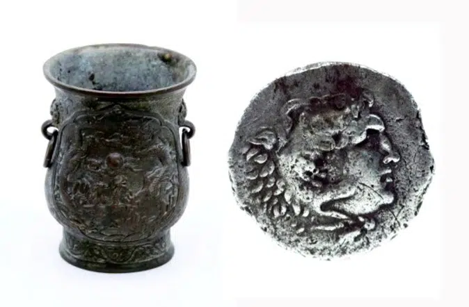 Ancient Greek coin and Ming-style vase