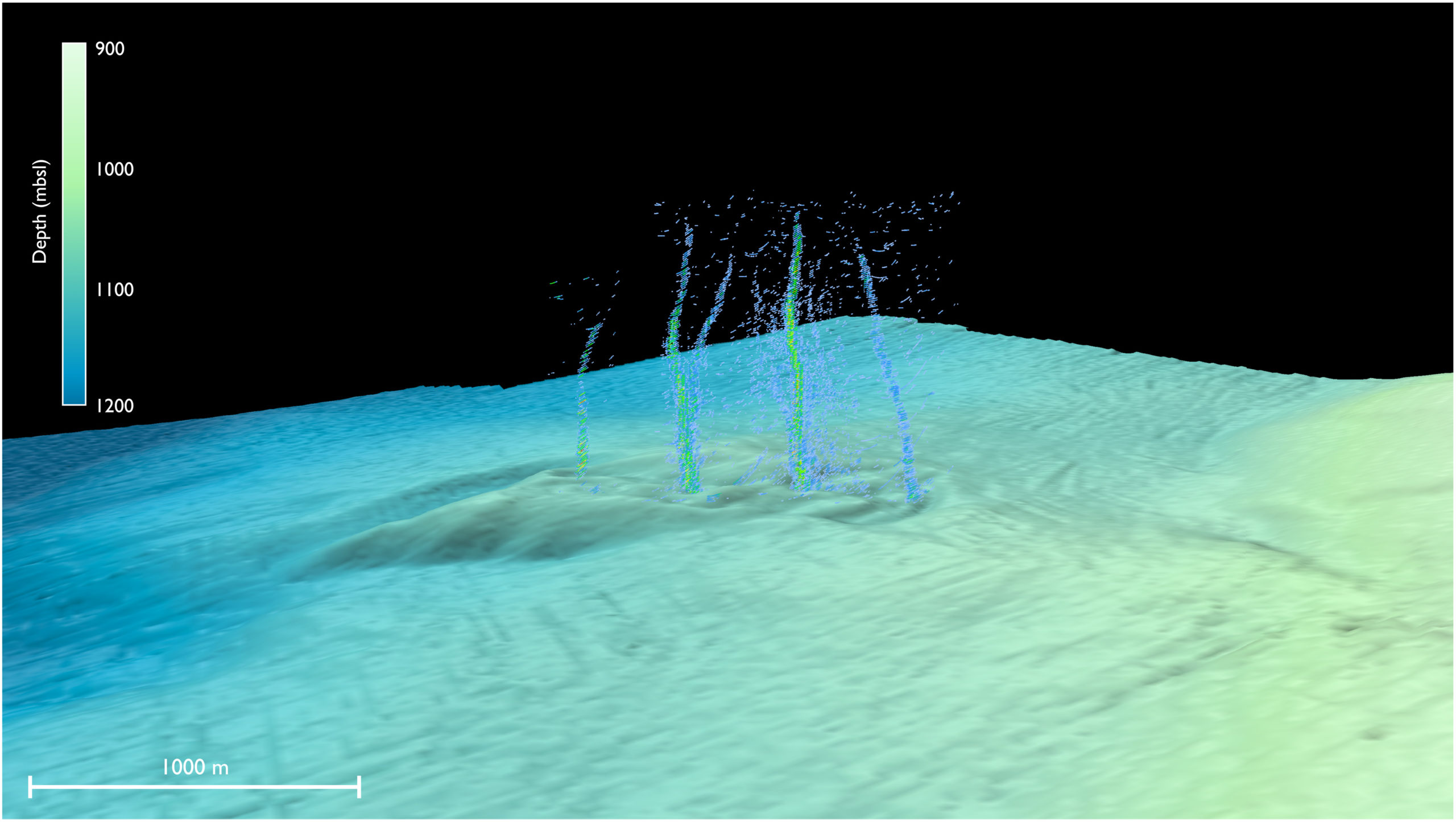 sonar technology showing the presence of bubble plumes at Pythia's Oasis