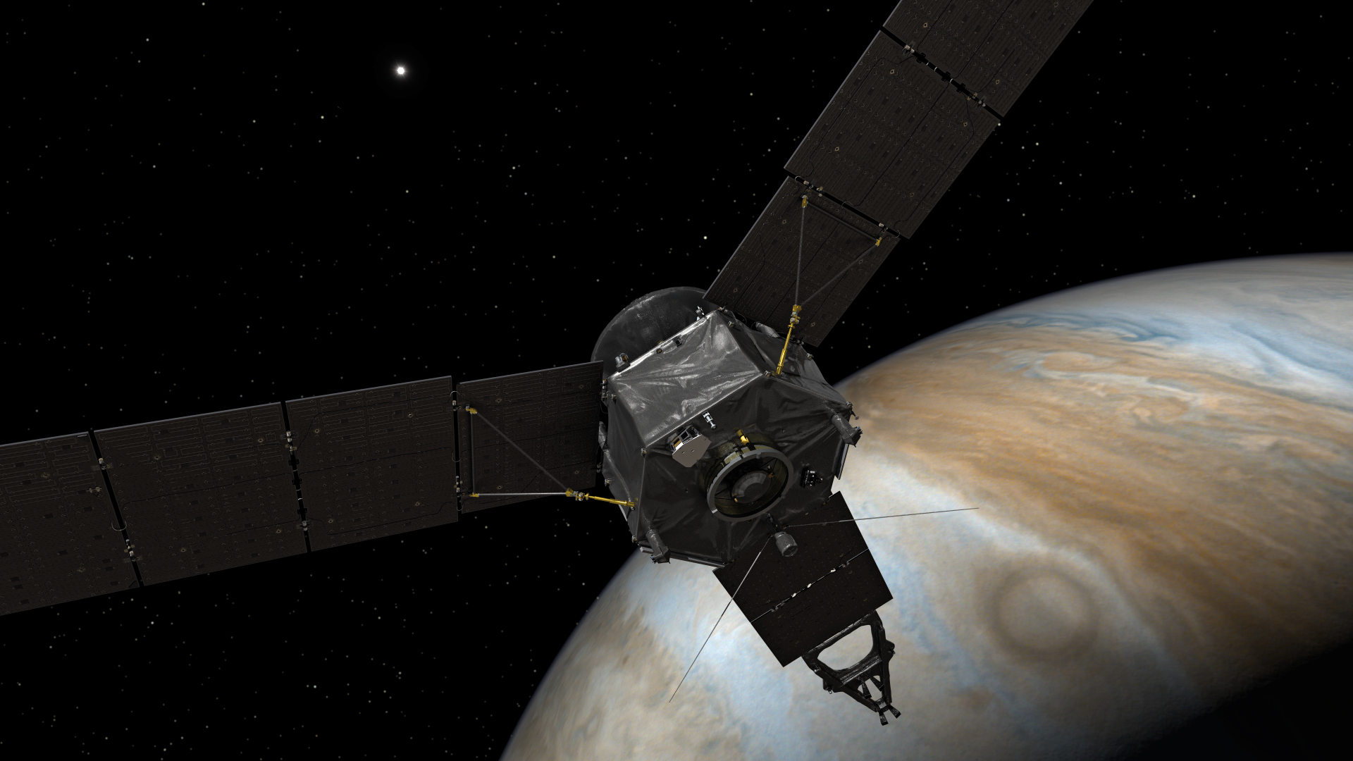 The artists concept of NASA's Juno spacecraft at Jupiter