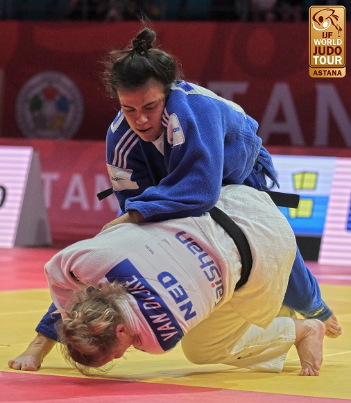 Greek judoka Elisavet Teltsidou defeats her competitor in the finale of the Grand Slam tournament of Kazakhstan, June 17, 2023.