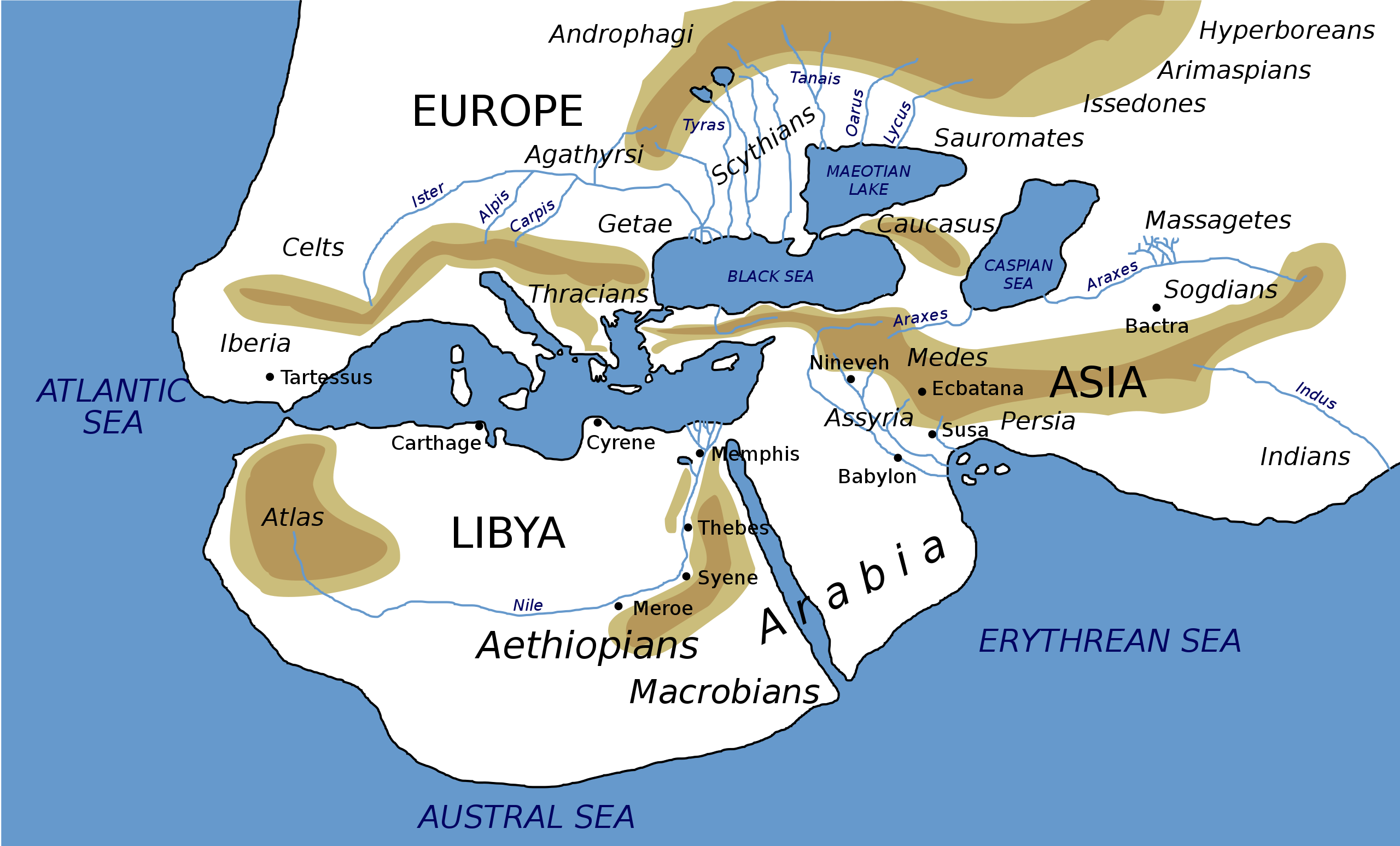 World map based on description by Herodotus mentioning Hyperborea