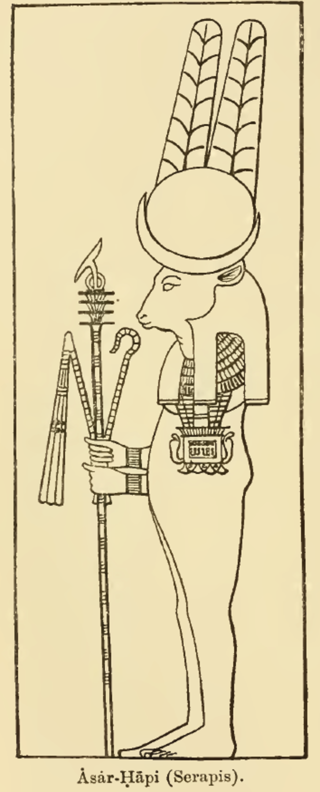 An Egyptian line drawing of the god Sarapis, drawn as an anthropomorphic Egyptian-style bull with a round Sun headdress and a sceptre with a hook and a whip in hand 