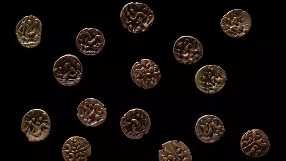 A collection of gold coins discovered by metal detectorists in Wales. 