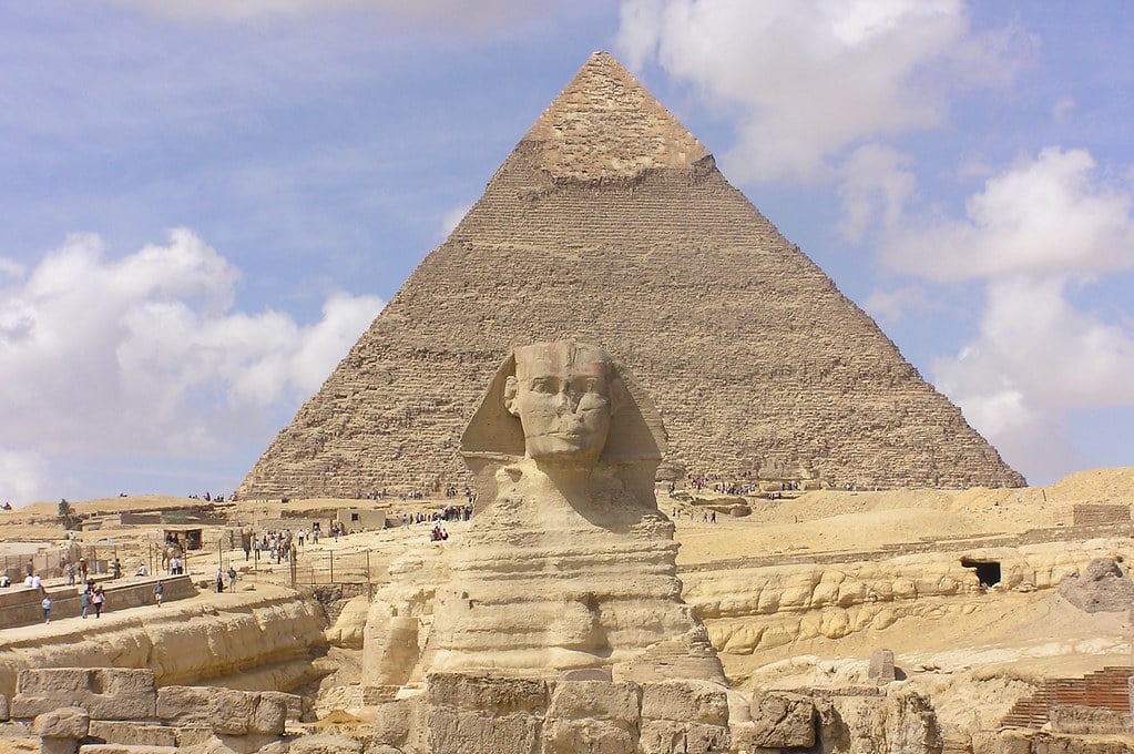 the sphinx in front of the Pyramid of Giza