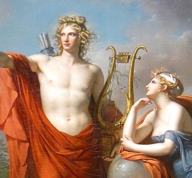 Apollo, God of Light, Eloquence, Poetry and the Fine Arts with Urania, Muse of Astronomy - by Charles Meynier (cropped). Public Domain