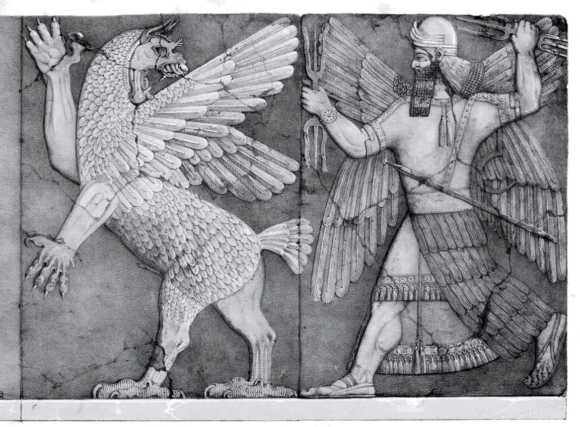 Ancient artwork from Nineveh, possibly depicting Marduk fighting Tiamat. 