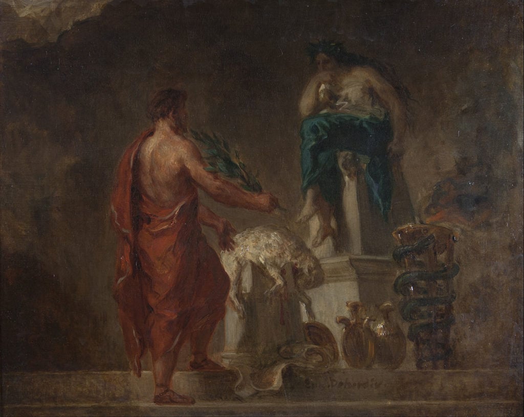 painting of Lycurgus Consulting the ancient Greek oracle Pythia at Delphi