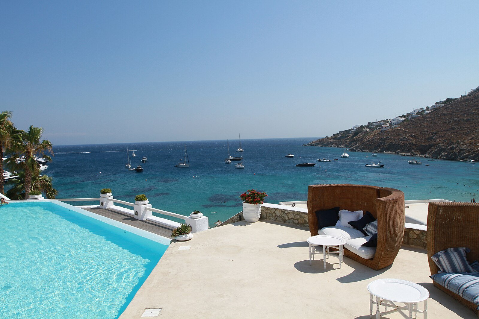Sea view of a greek island with a pool