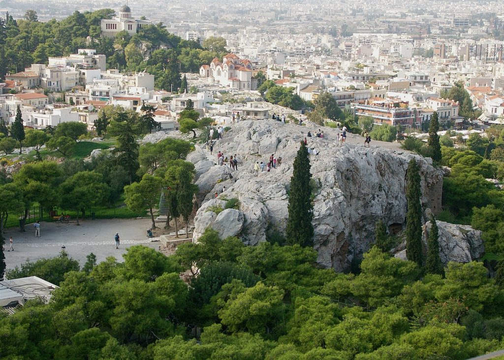 The Areopagus, as viewed from the Acropolis, is a monolith where Athenian aristocrats decided important matters of state during Solon's time