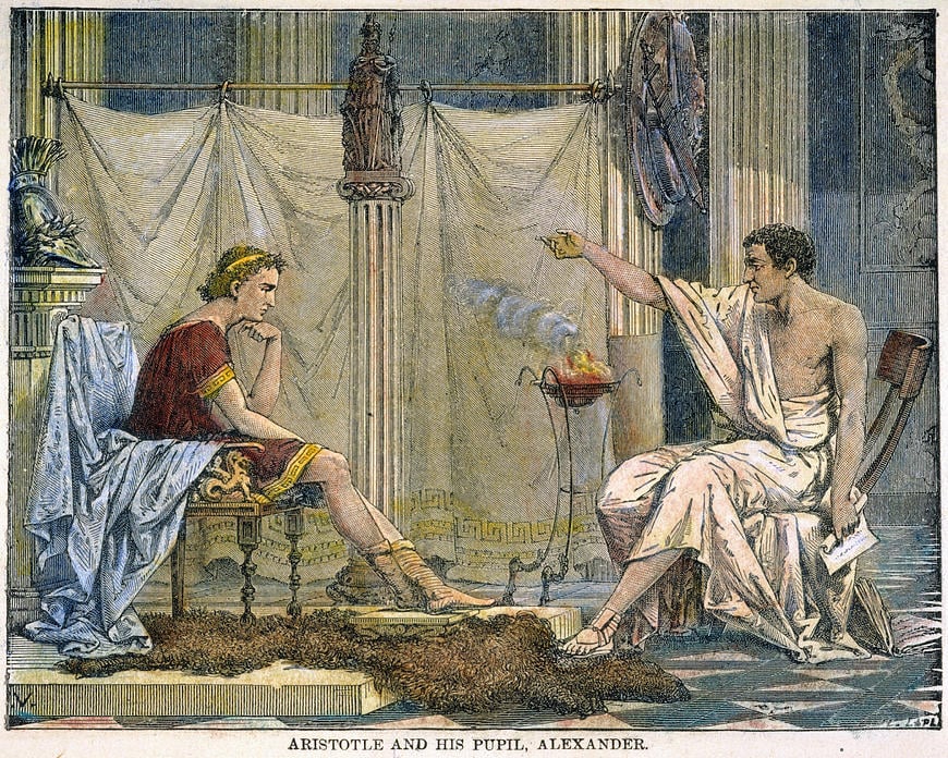 Aristotle teaches young Alexander the Great by Charles Laplante. Public Domain