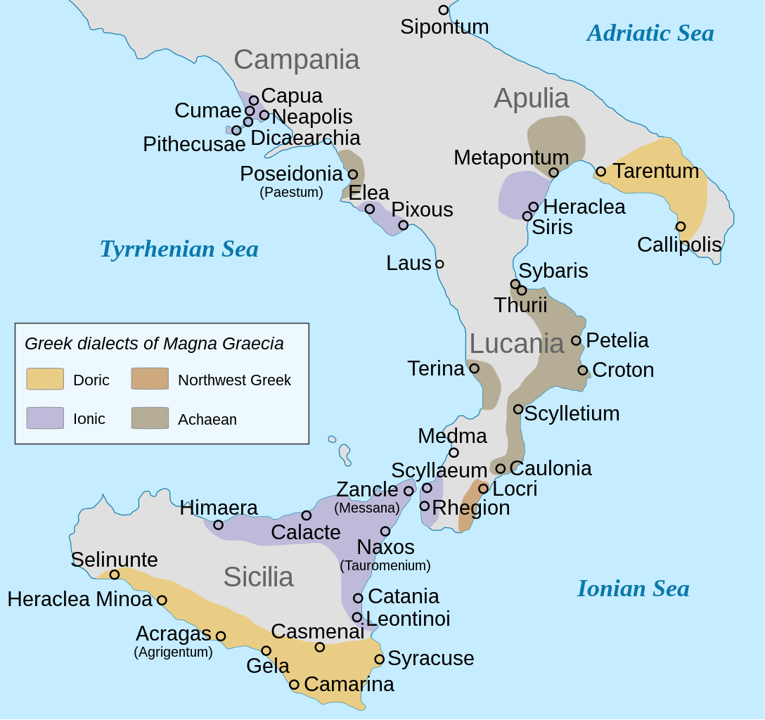 Map of ancient Greek cities of southern Italy, also known as Magna Graecia or Great Greece