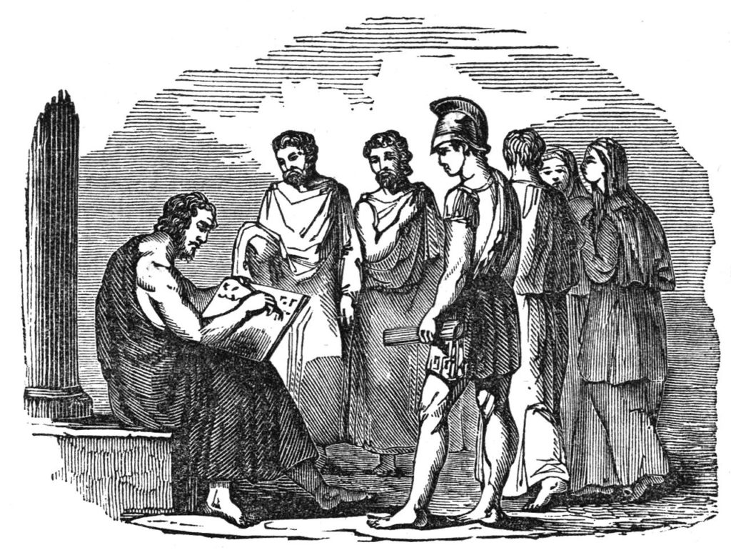 Solon writing laws for Athens, in an 1842 wood engraving. Public Domain