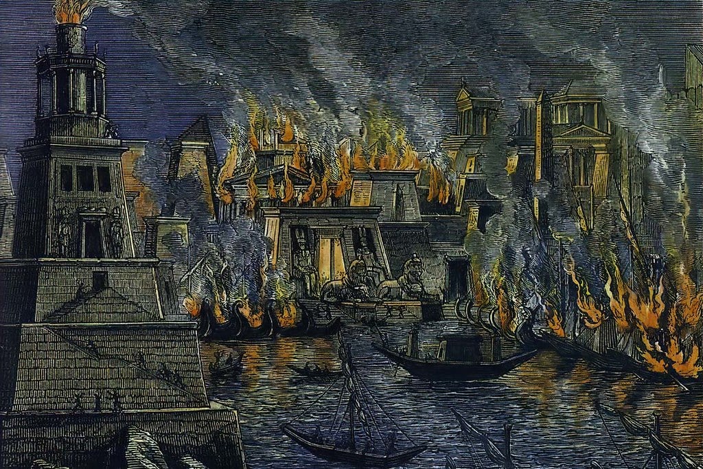 Painting of the burning of the Great Library in Alexandria 