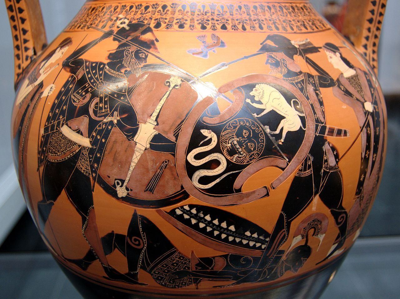 Achilles fighting Memnon during the Trojan War, depicted on a vase from Vulci, 510 BCE.