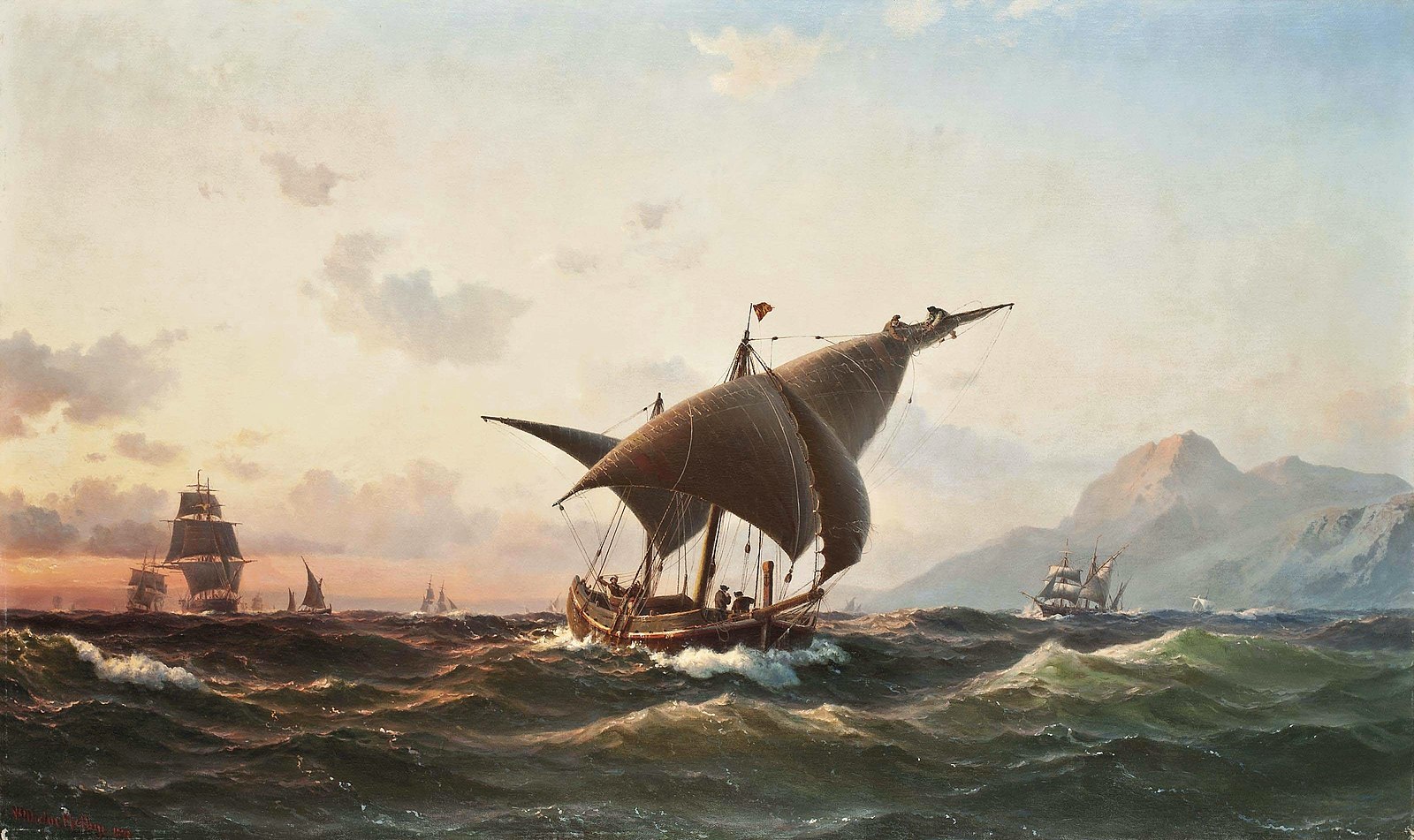 Vilhelm Melbye, a Spanish xebec and other commercial craft near Gibraltar, 1873. 