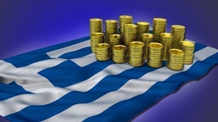 Greek flag and piles of coins