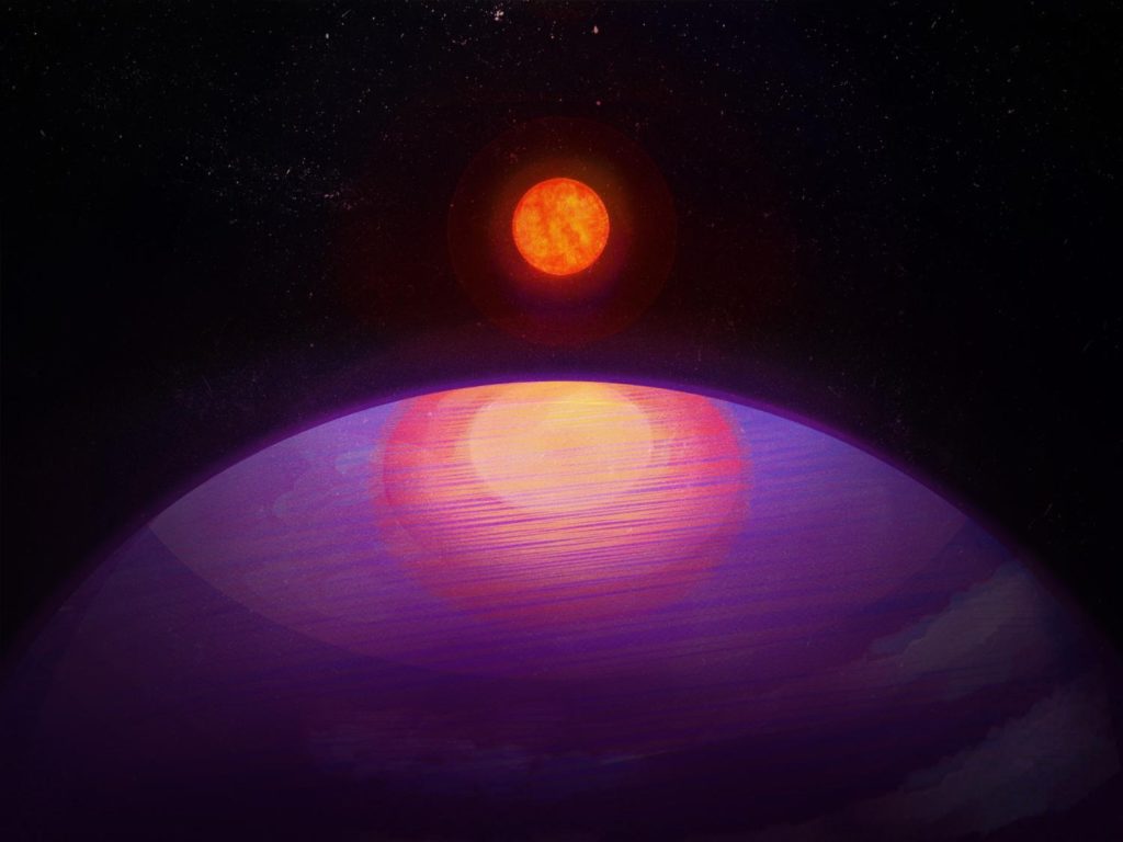 An artistic rendering of an enormous planet orbiting around a tiny star.