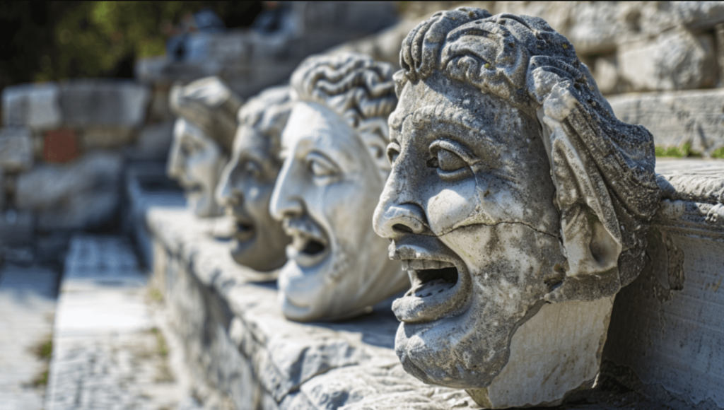 Ancient Greek theater masks carved in stone, displayed in a row.