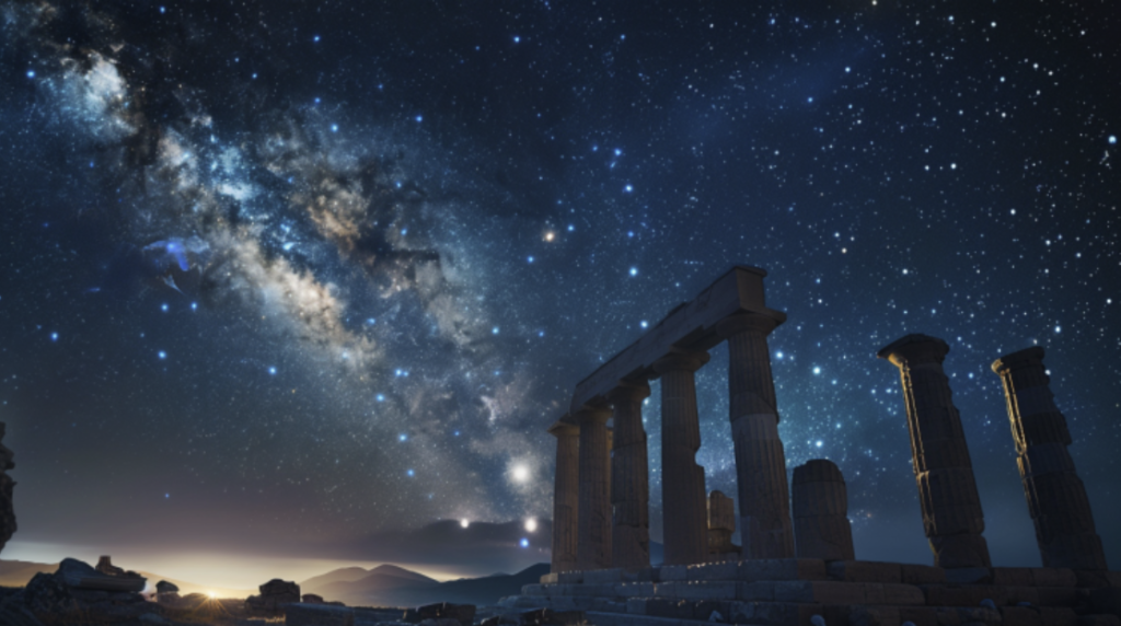 A night sky filled with stars and the Milky Way galaxy above ancient Greek ruins.