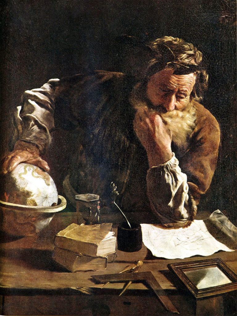 Painting of Archimedes deep in thought, examining a globe, with mathematical papers on a table.