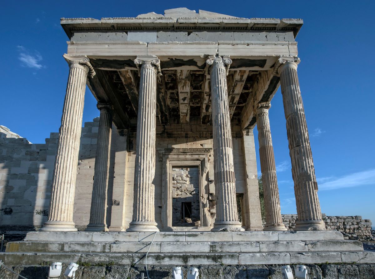 Ancient Greek Erechtheion temple on Acropolis, Athens. Ionic order, one of the three architectural sites
