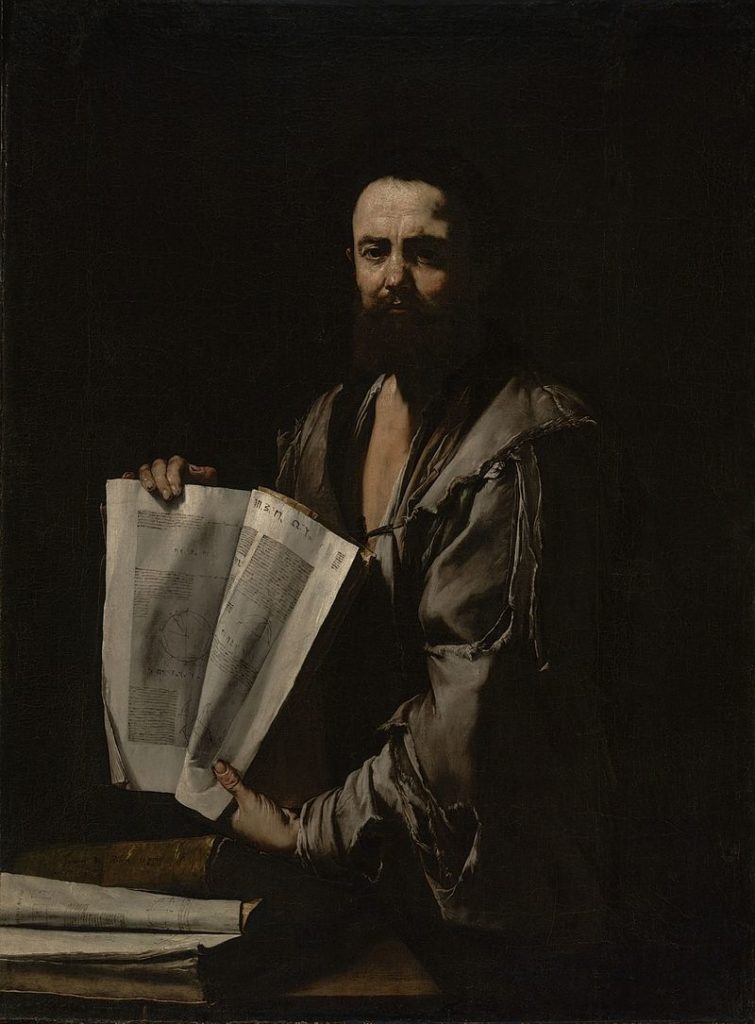 Dark-toned painting of Euclid holding open pages of a book with geometric diagrams.