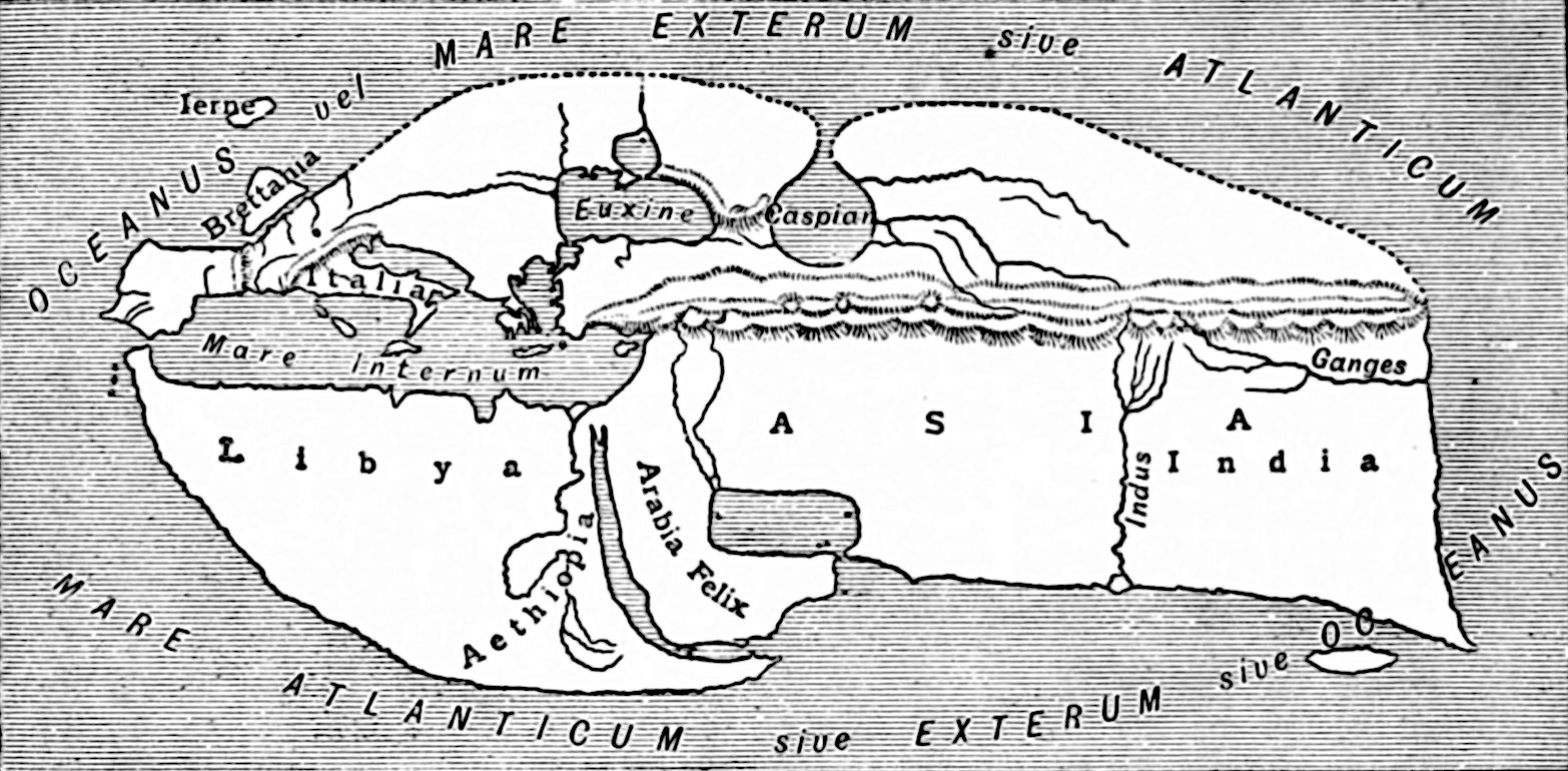 Map of the world according to ancient Greek geographer Strabo. An illustration from the Encyclopaedia Biblica, a 1903 publication.