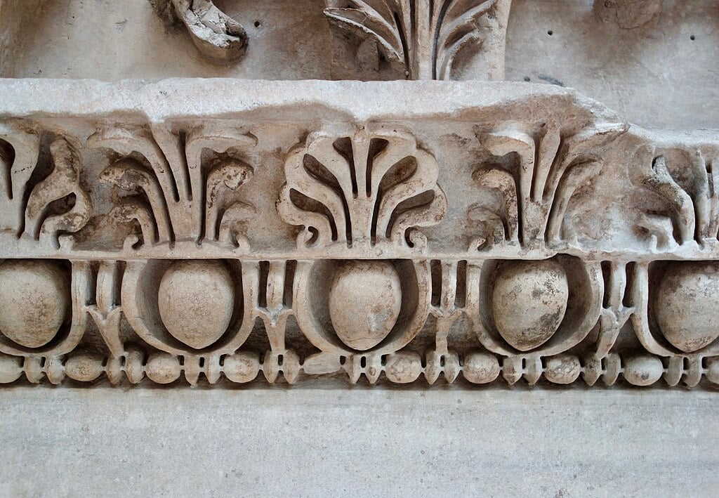 Palmettes, anthemions, egg and dart, and bead and reel on the entablature of Temple of Zeus Philios in Pergamon, 115-130 BC, Pergamon Museum. 