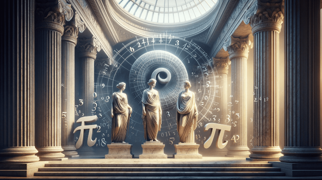 Digital art of a classical Greek temple interior with statues and mathematical symbols.