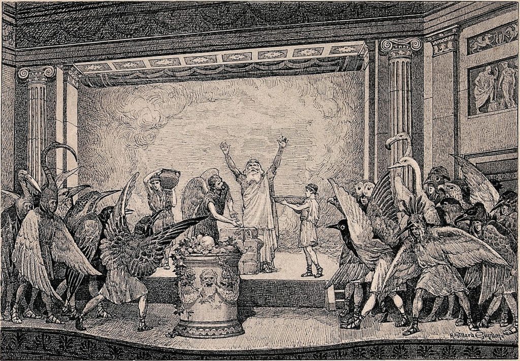 Engraved illustration of a scene from Aristophanes' play "The Birds" featuring costumed characters on stage.
