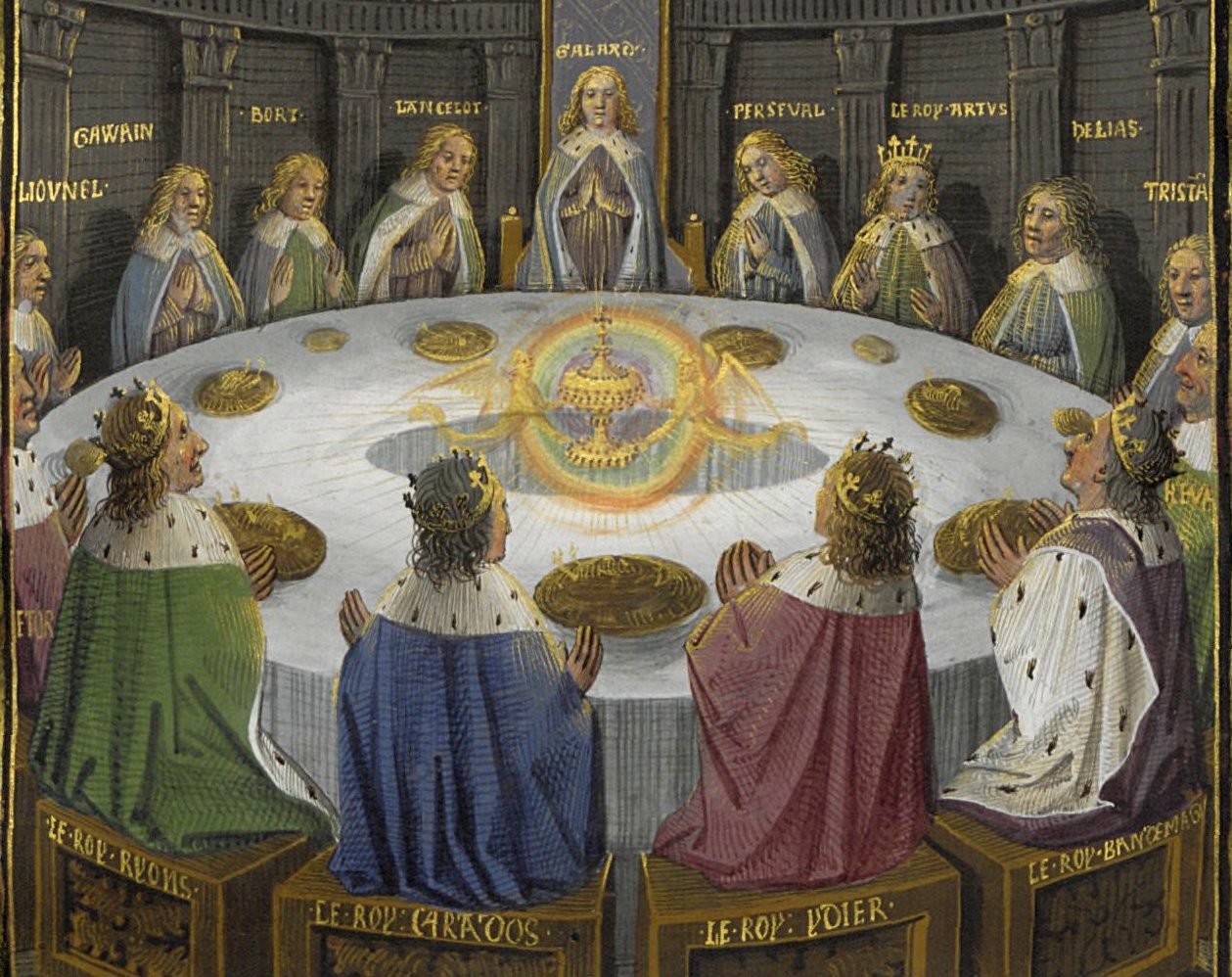 A fifteenth century depiction of King Arthur and his knights sitting at the Round Table