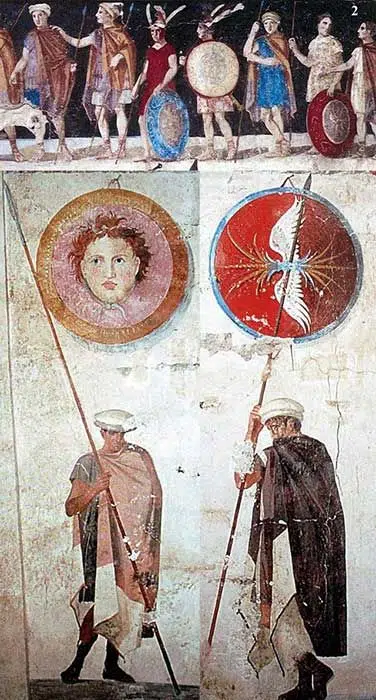 Paintings of ancient Macedonian soldiers, arms, and armaments, from the tomb of Agios Athanasios, Thessaloniki in Greece, 4th century BC