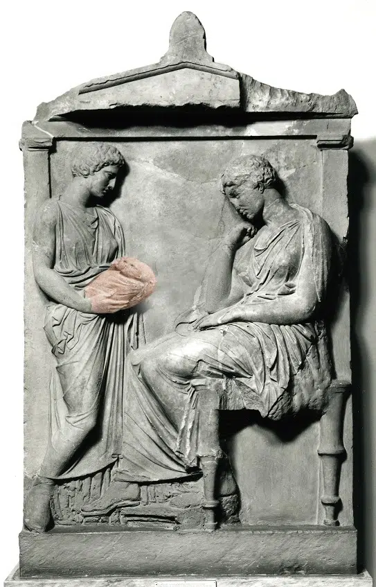 Collage of the stele of the twin babies with the stele of Philonoe. 