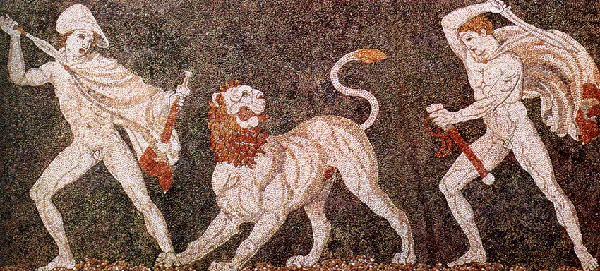 Alexander the Great and Craterus in a lion hunt, mosaic from Pella, Greece, late 4th century BC