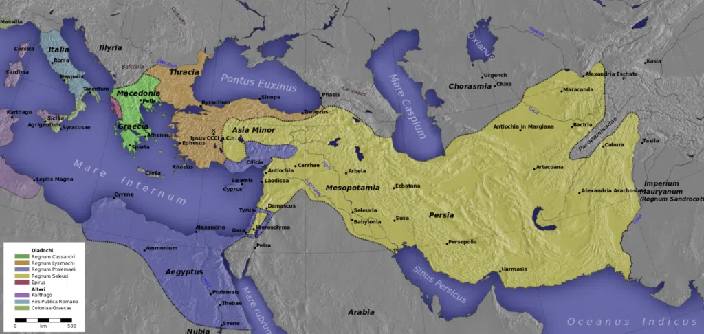 A map of the Diadochi, who fought over and carved up Alexander's empire into several kingdoms after his death, a legacy which reigned on and continued the influence of ancient Greek culture abroad for over 300 more years. This map depicts the kingdoms of the Diadochi c. 301 BC, after the Battle of Ipsus. 