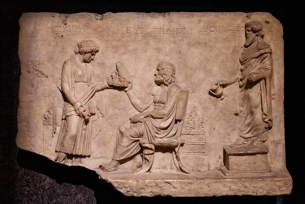 Bas-relief connected  marble representing Euripides